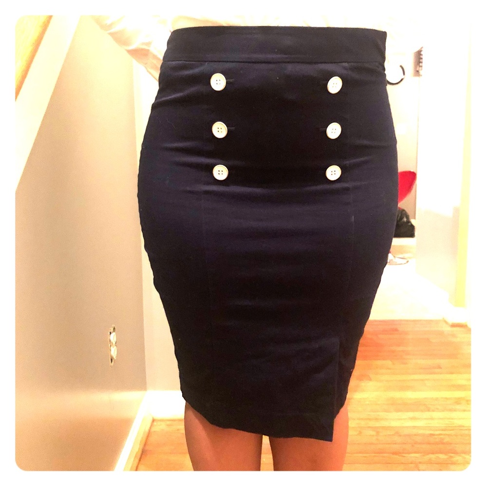 Limited sailor pencil skirt with white buttons.